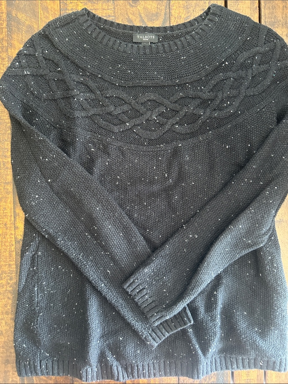 Talbots Black Cable Yoke Crewneck Sweater with Heathered Flecks